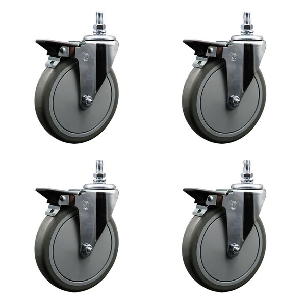 6 Inch Gray Polyurethane 10 MM Threaded Stem Caster Set with Brake